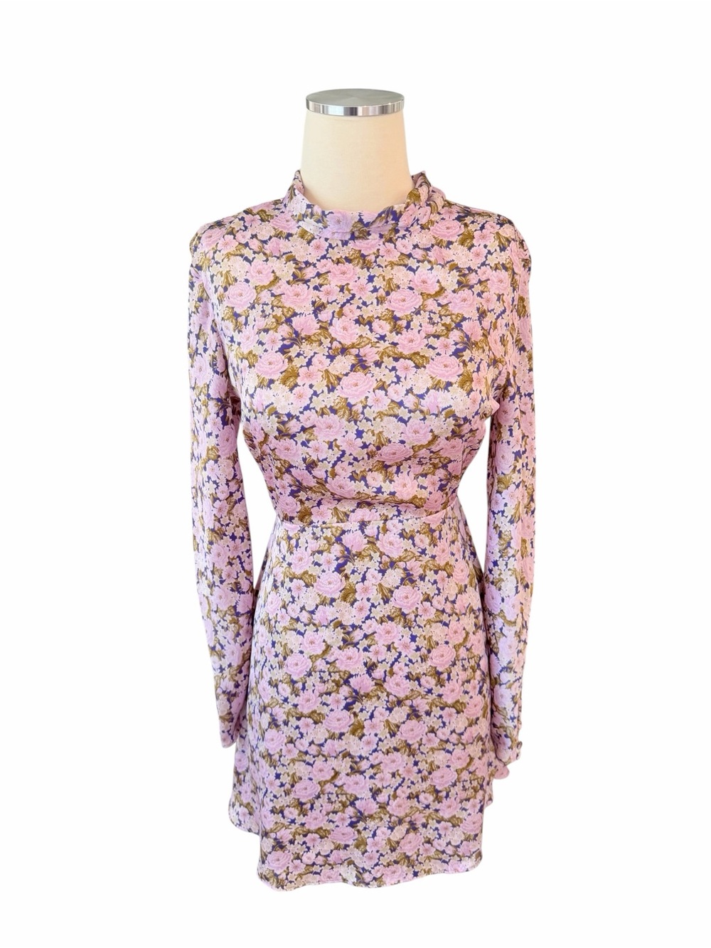 Zara Pink Floral Satin Mini Dress with Green Accents Sz XS - Picture 3 of 13